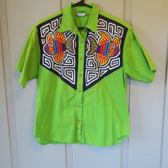 My Name is Panama Fish Pattern Shirt Bright Colors Lime Green M ? - Picture 1 of 5